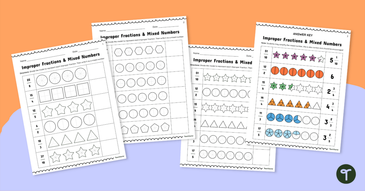 Converting Improper Fractions to Mixed Numbers Practice Worksheets teaching resource