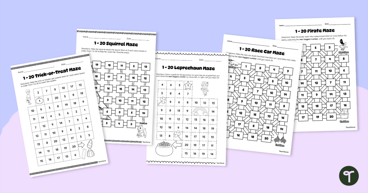 Maths Maze Worksheet Set (Ordering Numbers to 20) teaching resource