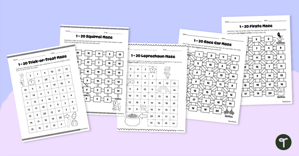 Go to Math Maze for Kindergarten Worksheet Set (Ordering Numbers) teaching resource