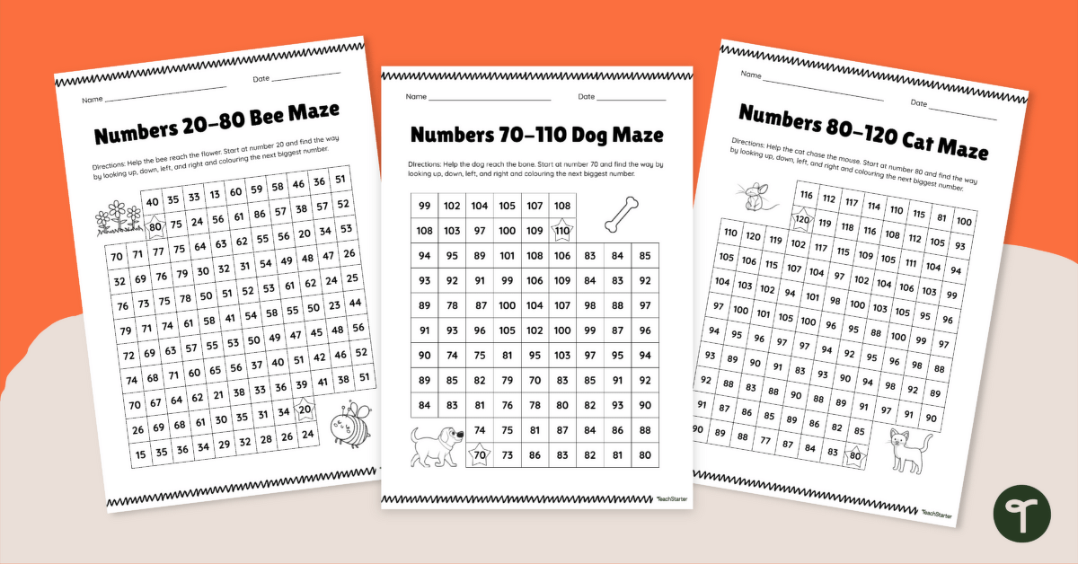 Number Maze Worksheet Set (Ordering Numbers to 120) teaching resource