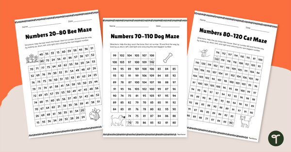 Go to Number Maze Worksheet Set (Ordering Numbers to 120) teaching resource