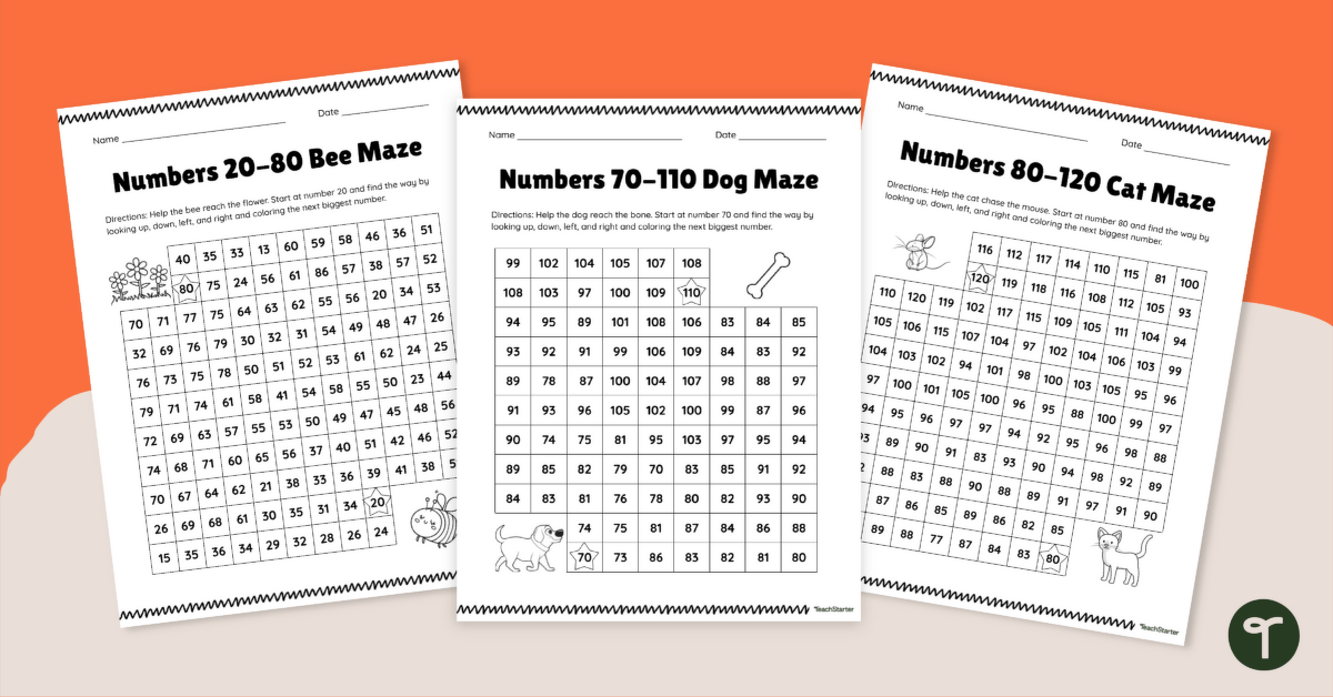 Number Maze Worksheets (Ordering Numbers to 120) teaching resource