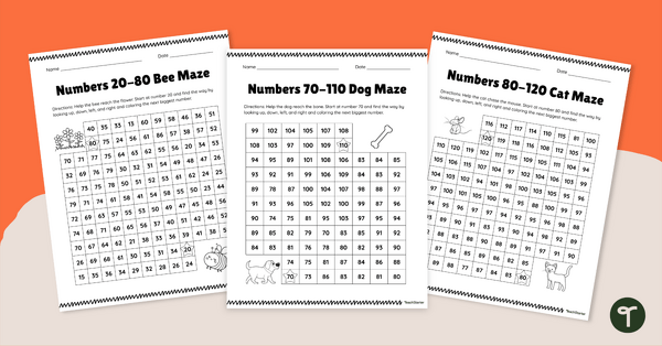 Go to Number Maze Worksheets (Ordering Numbers to 120) teaching resource