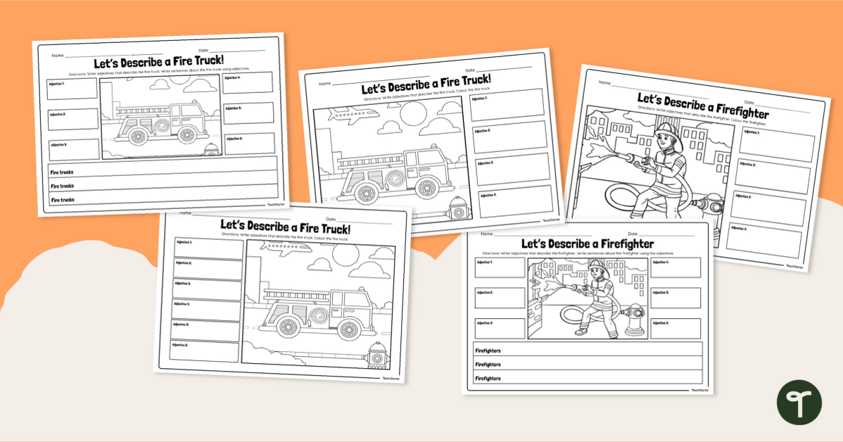 Fire Truck and Firefighter Adjectives Worksheet teaching resource