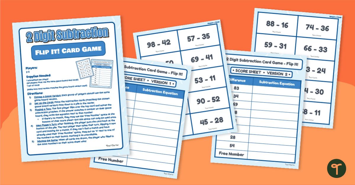 2 Digit Subtraction - Flip It Card Game teaching resource