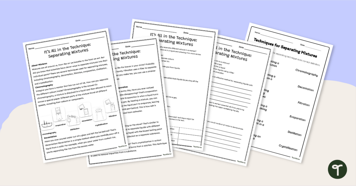 Techniques for Separating Mixtures Worksheet Pack teaching resource