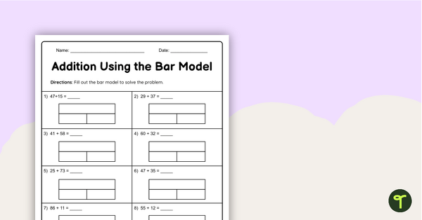 Addition Within 100 Bar Model Worksheet teaching resource