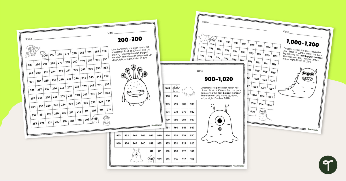 Math Maze Worksheets (Ordering Numbers to 1,200) teaching resource