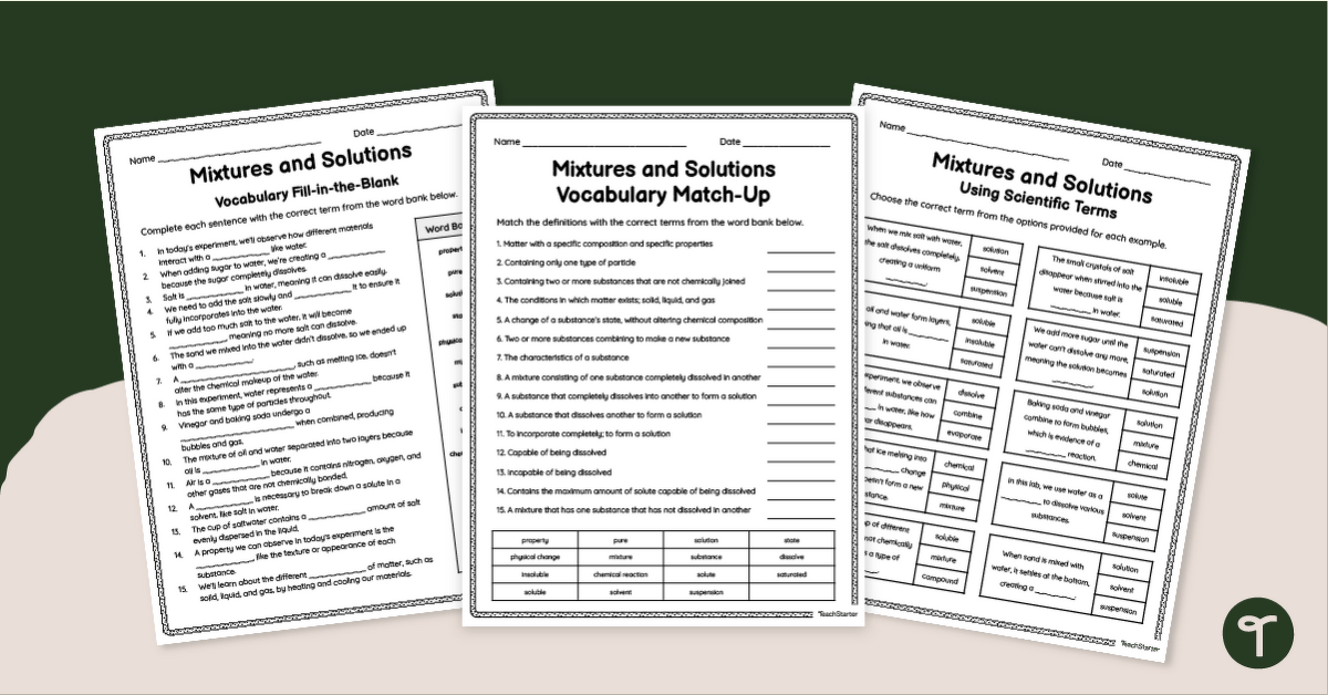 Mixtures and Solutions Worksheet Pack - Vocabulary Review teaching resource