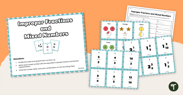 Go to Matching Mixed Numbers and Improper Fractions Task Cards teaching resource