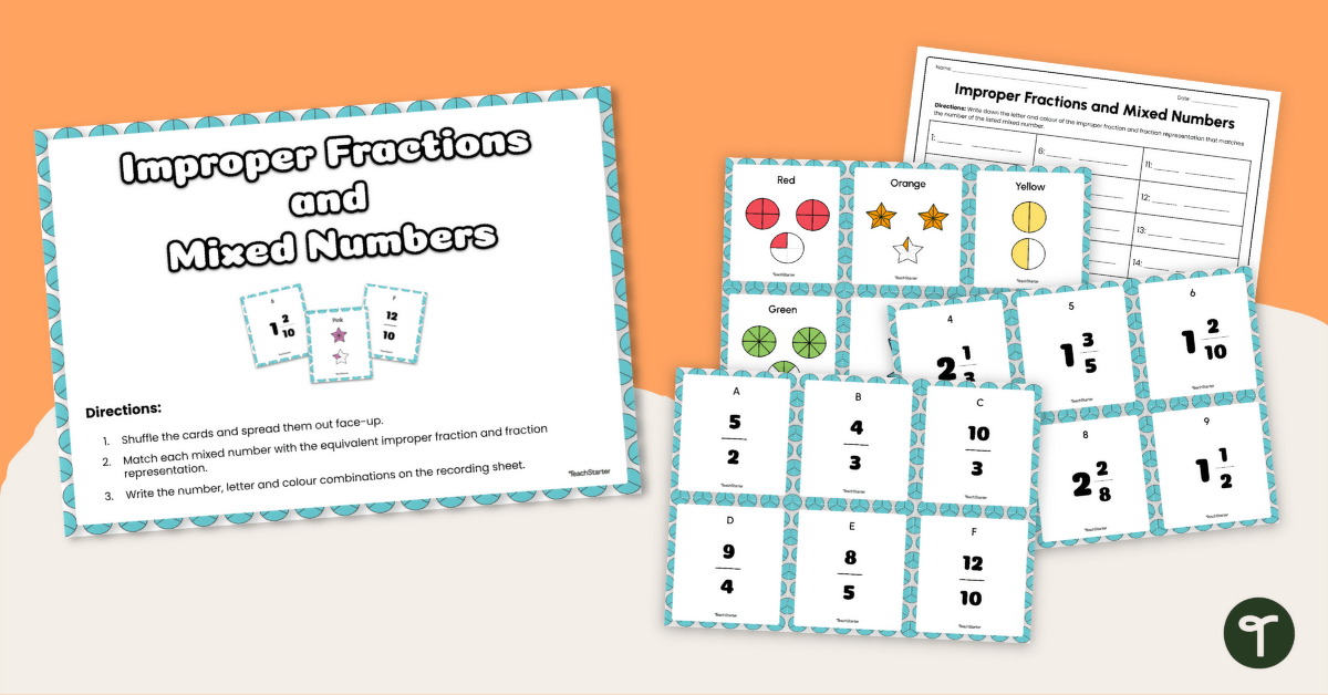 Mixed Numbers and Improper Fractions Matching Cards teaching resource