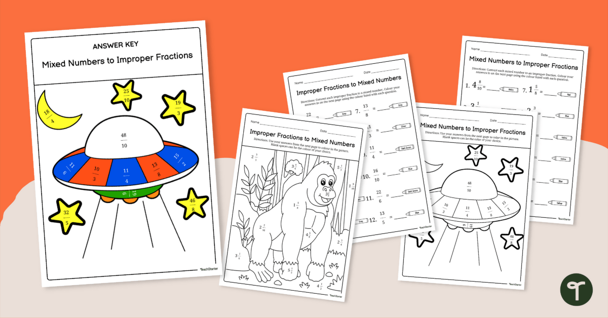 Fractions Greater Than 1 Worksheet Pack (Colour-by-Number) teaching resource