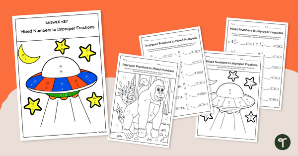 Go to Fractions Greater Than 1 Worksheet Pack (Colour-by-Number) teaching resource