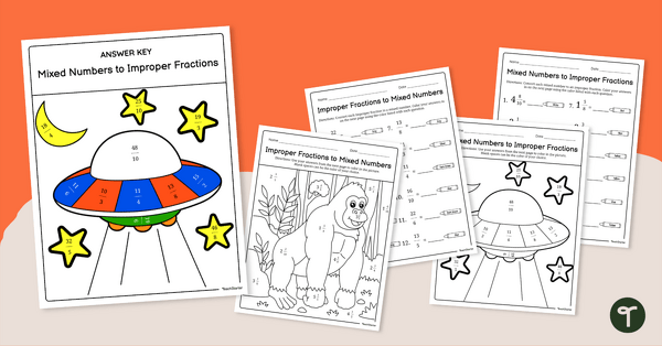 Go to Fractions Greater Than 1 Worksheet Pack (Color-by-Number) teaching resource