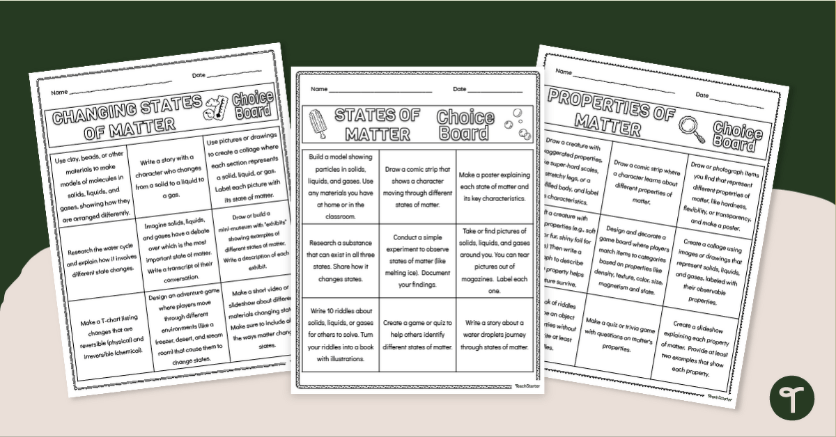 States, Properties, and Changes in Matter - Activity Choice Boards teaching resource