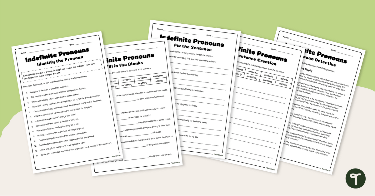 Indefinite Pronouns Worksheet Pack teaching resource