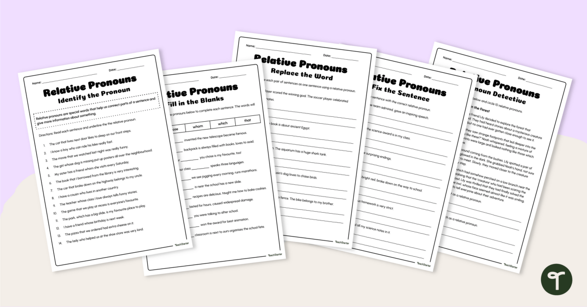 Relative Pronouns Worksheet Pack teaching resource