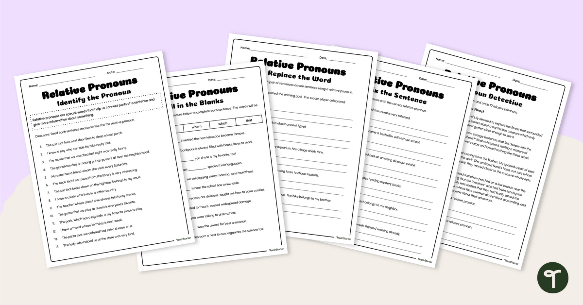 Relative Pronouns Worksheet Pack teaching resource