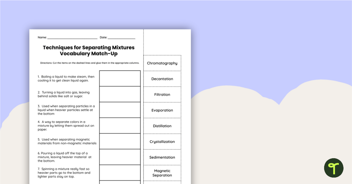 Mixture Separation Techniques Worksheet - Cut and Paste teaching resource