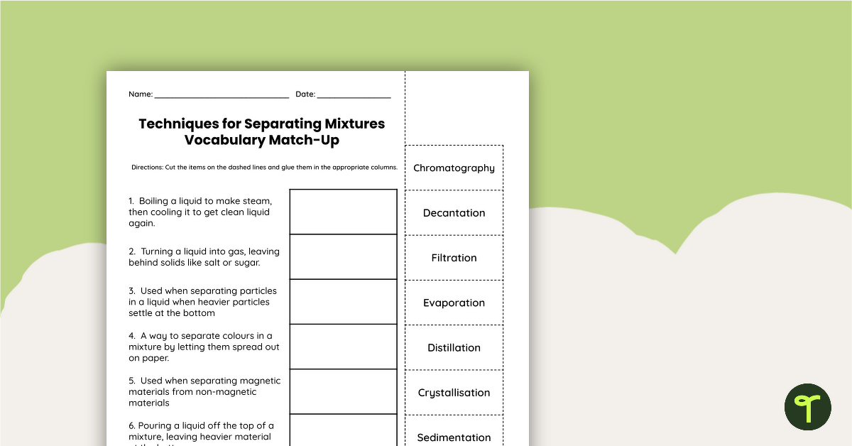 Mixture Separation Techniques Worksheet - Cut and Paste teaching resource