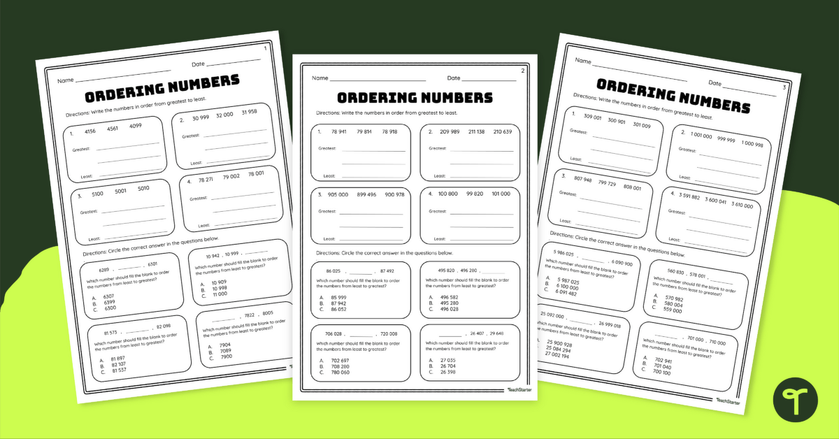 Ordering Large Numbers Worksheet Set teaching resource