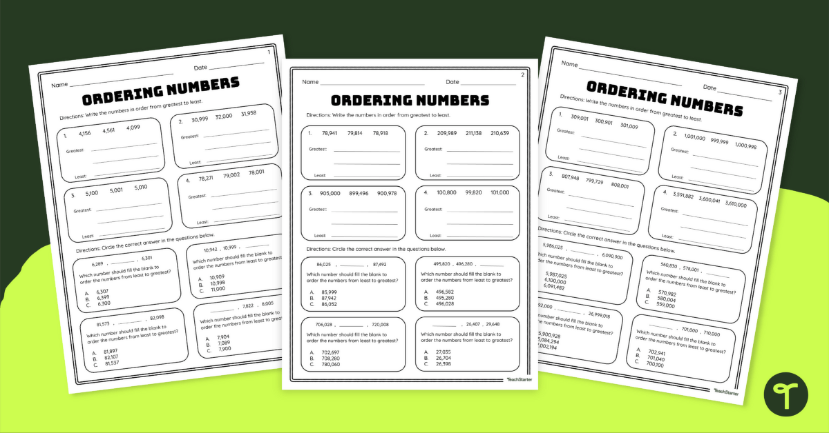 Ordering Large Numbers Worksheet Set teaching resource