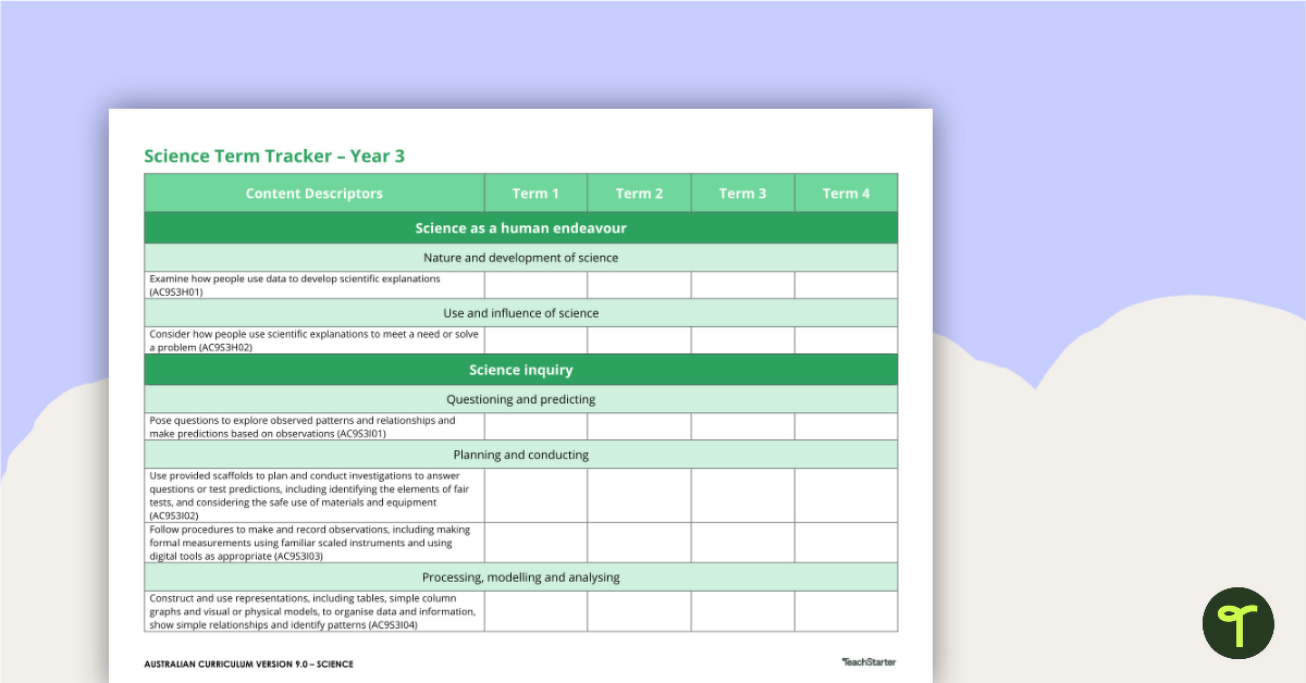 Science Term Tracker (Australian Curriculum) - Year 3 teaching resource