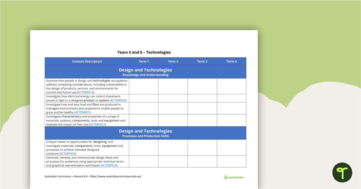 Technologies Term Tracker (Australian Curriculum) - Years 5 and 6 teaching resource