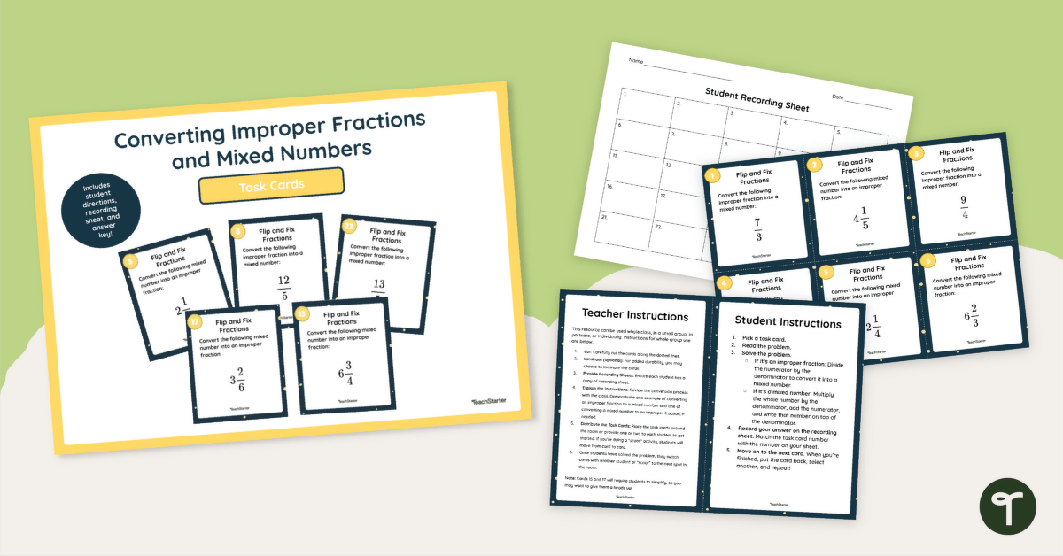 Converting Improper Fractions to Mixed Numbers Activity (Task Cards) teaching resource