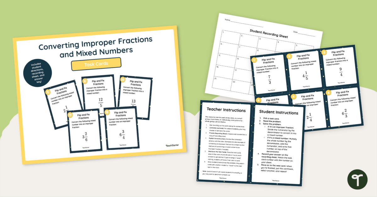 Converting Improper Fractions to Mixed Numbers Activity (Task Cards) teaching resource