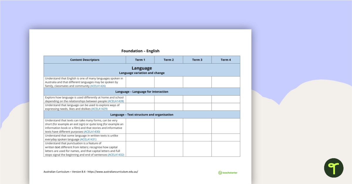 English Term Tracker (Australian Curriculum) - Foundation teaching resource