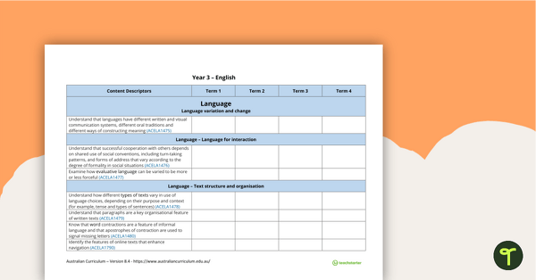 Go to English Term Tracker (Australian Curriculum) - Year 3 teaching resource