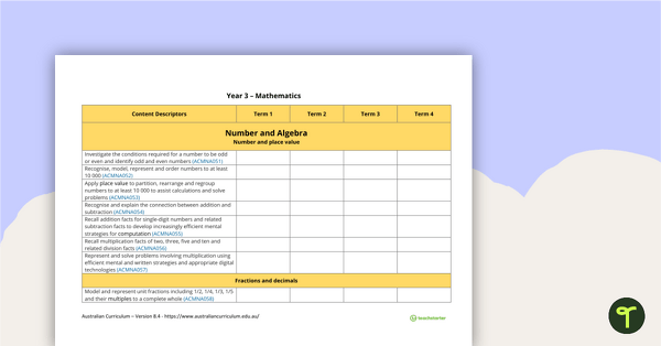 Go to Mathematics Term Tracker (Australian Curriculum) - Year 3 teaching resource