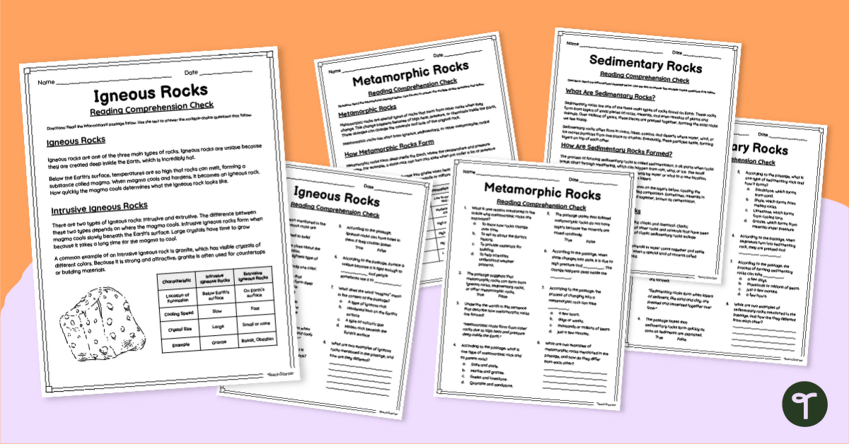 Types of Rocks Worksheet Pack - Comprehension Passages (5th Grade) teaching resource