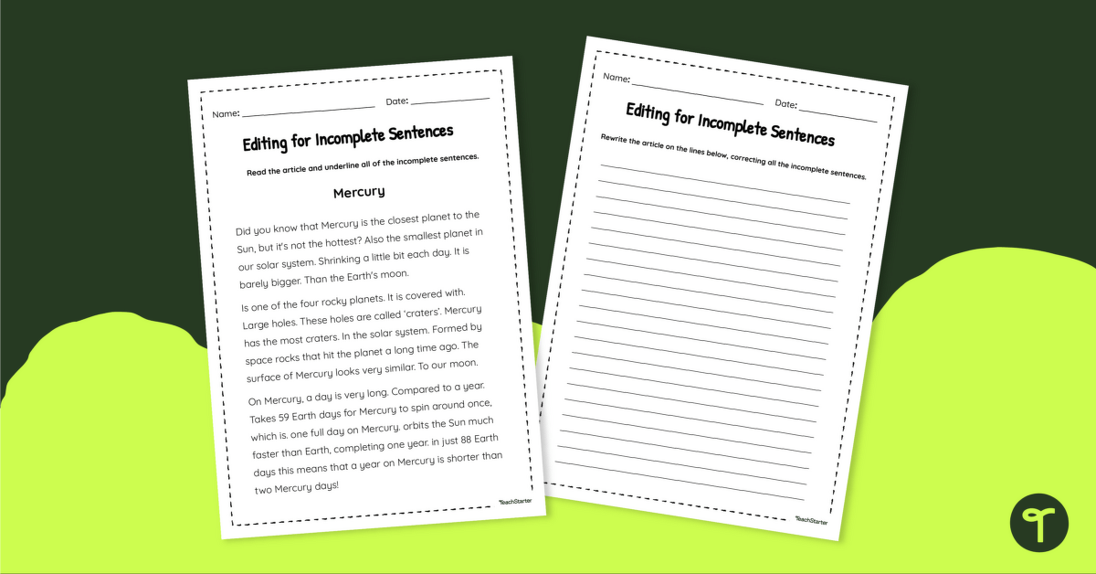 Editing for Incomplete Sentences Worksheet teaching resource