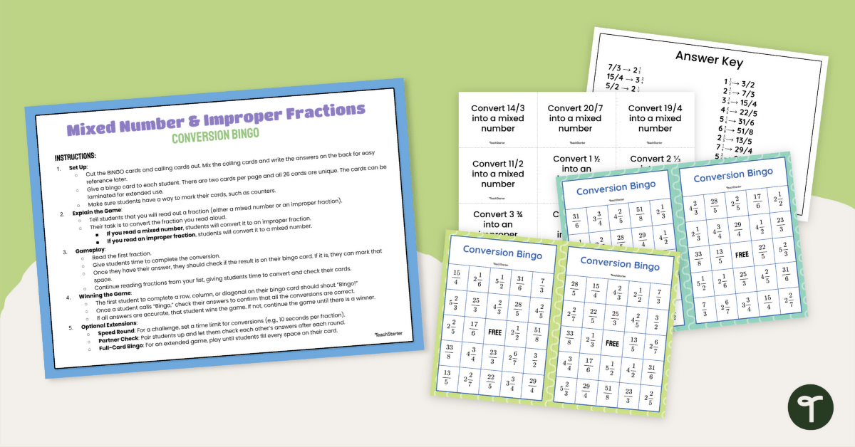 Converting Mixed Numbers to Improper Fractions Game (Bingo) teaching resource