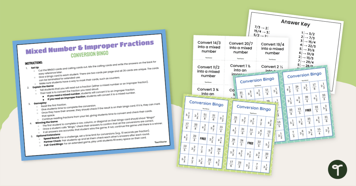 Converting Mixed Numbers to Improper Fractions Game (Bingo) teaching resource