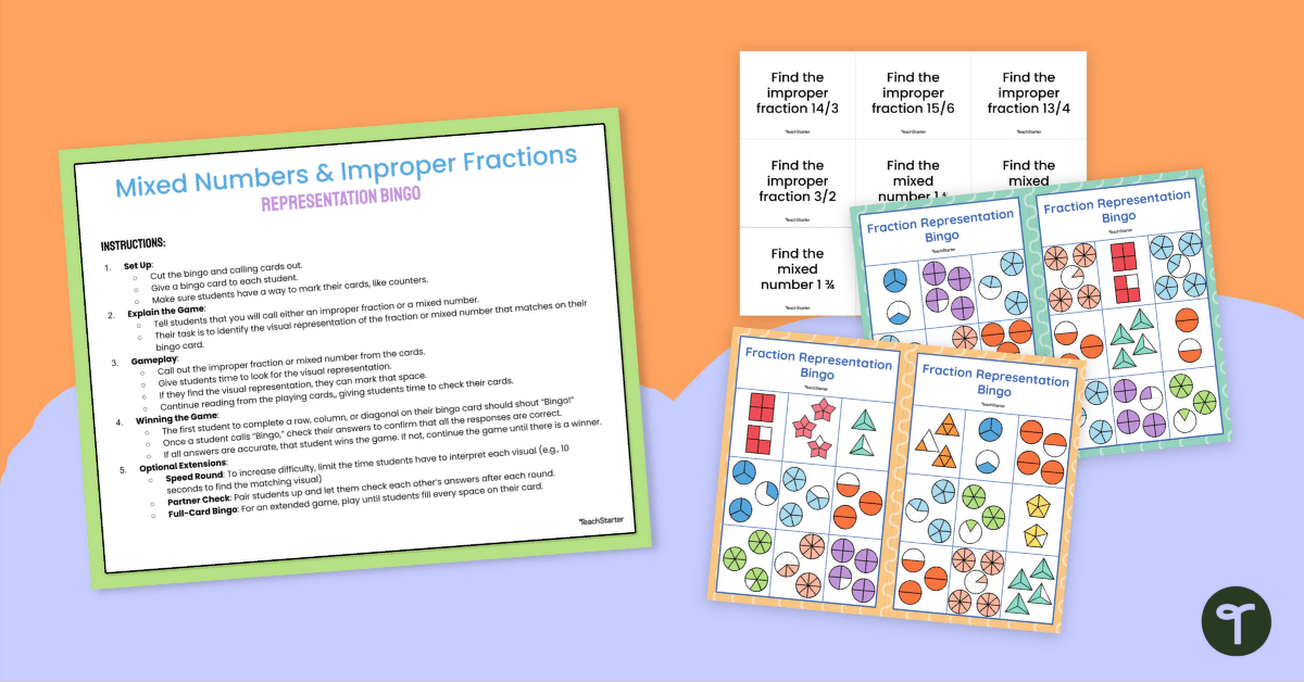 Mixed Numbers and Improper Fractions Visual Representation Bingo teaching resource