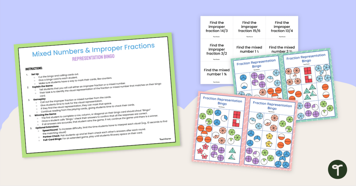 Mixed Numbers and Improper Fractions Visual Representation Bingo teaching resource