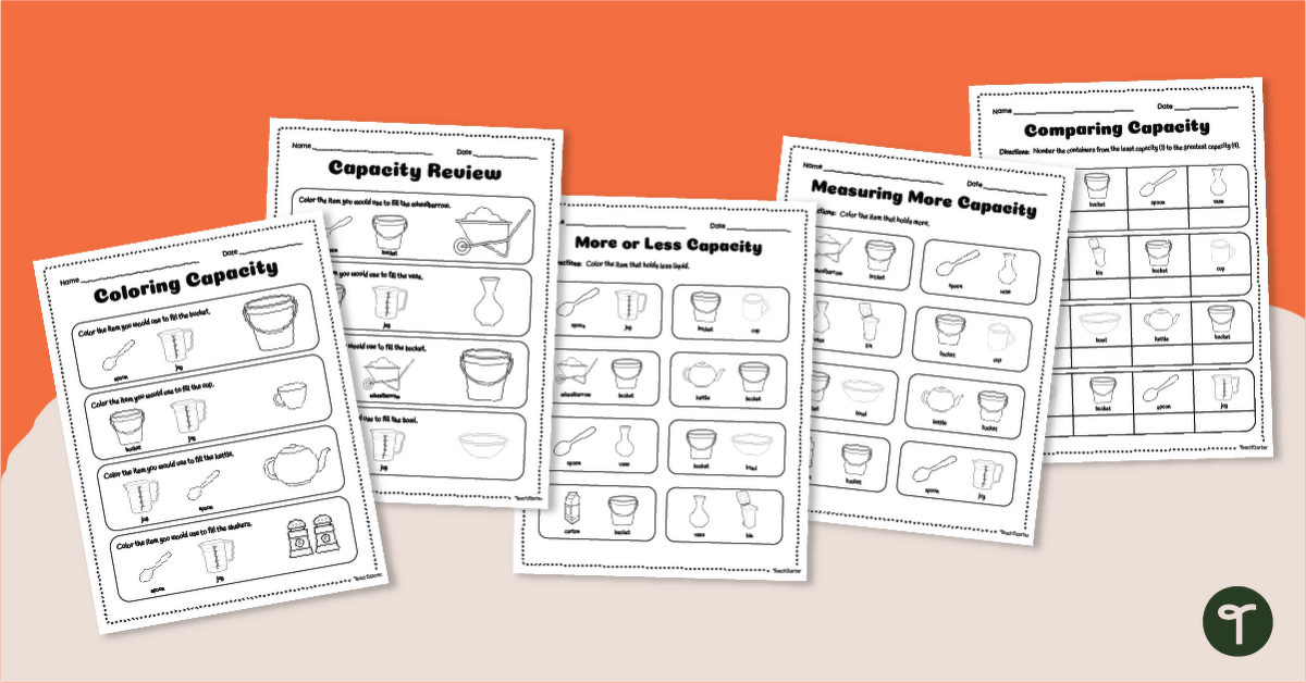 Capacity Measurement for Kindergarten Worksheets teaching resource