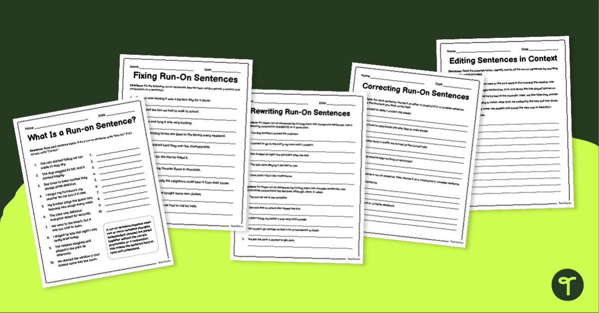 Run-On Sentence Editing Worksheet Pack teaching resource