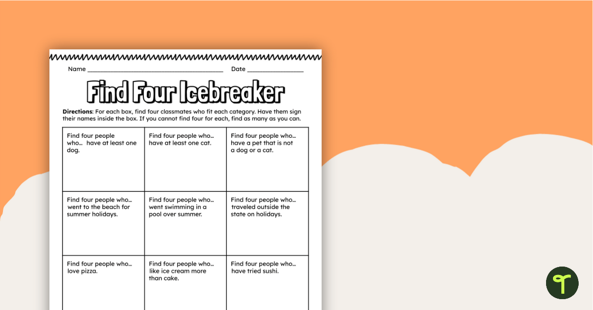 Find Four - Elementary Icebreaker Activity teaching resource