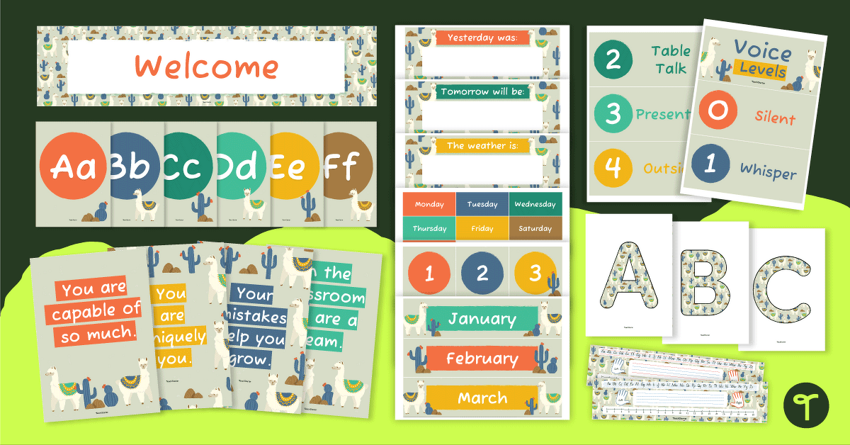 Llama Classroom Decor Theme Bundle teaching resource