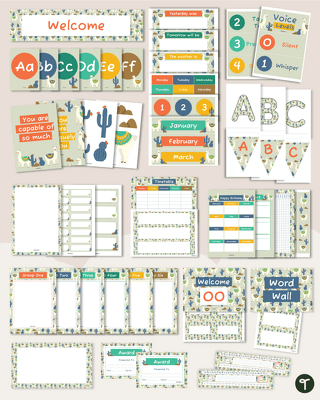 Green Classroom Decor Theme Bundle (Llama and Cactus) teaching resource