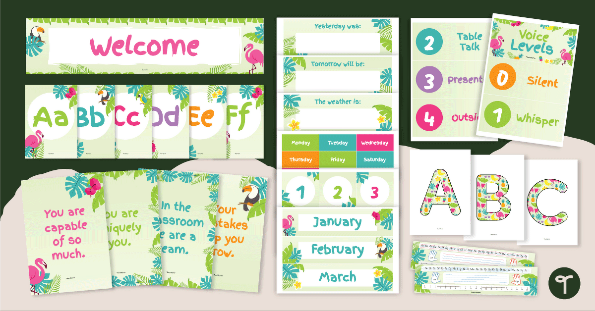 Tropical Classroom Decor Theme Bundle teaching resource