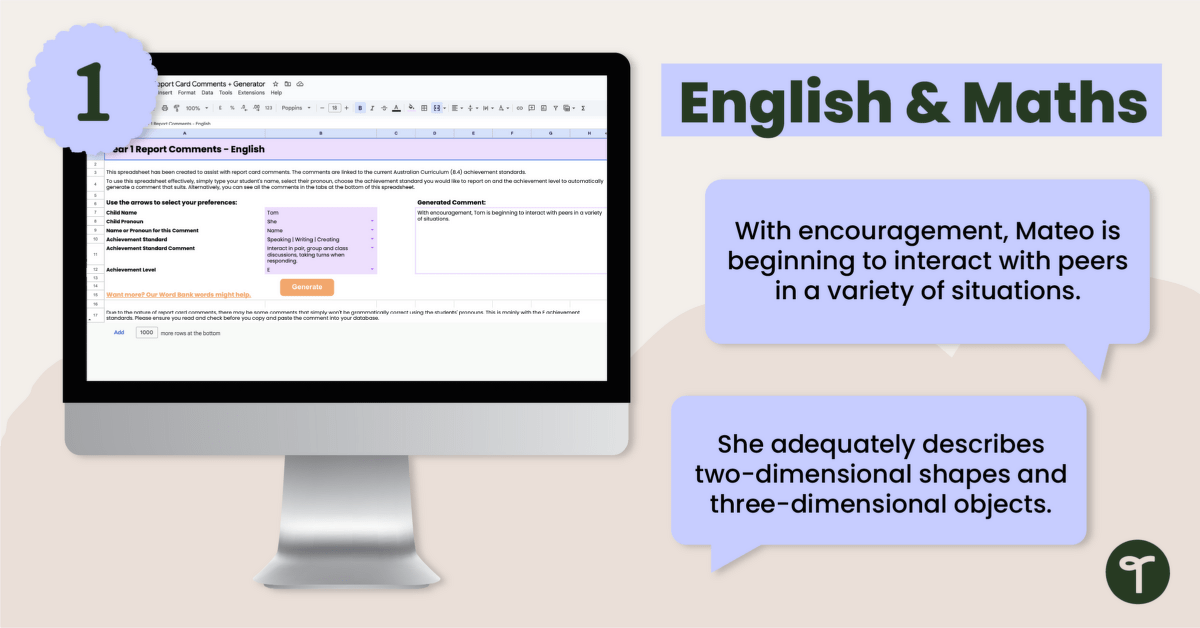 Report Comments for Year 1 - Comment Bank teaching resource