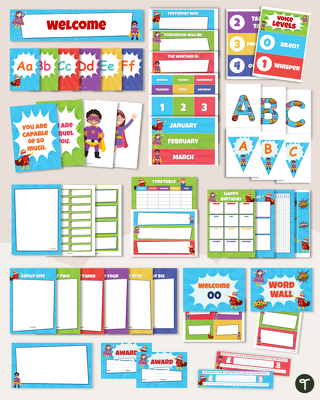 Superhero Classroom Decor Theme Bundle teaching resource