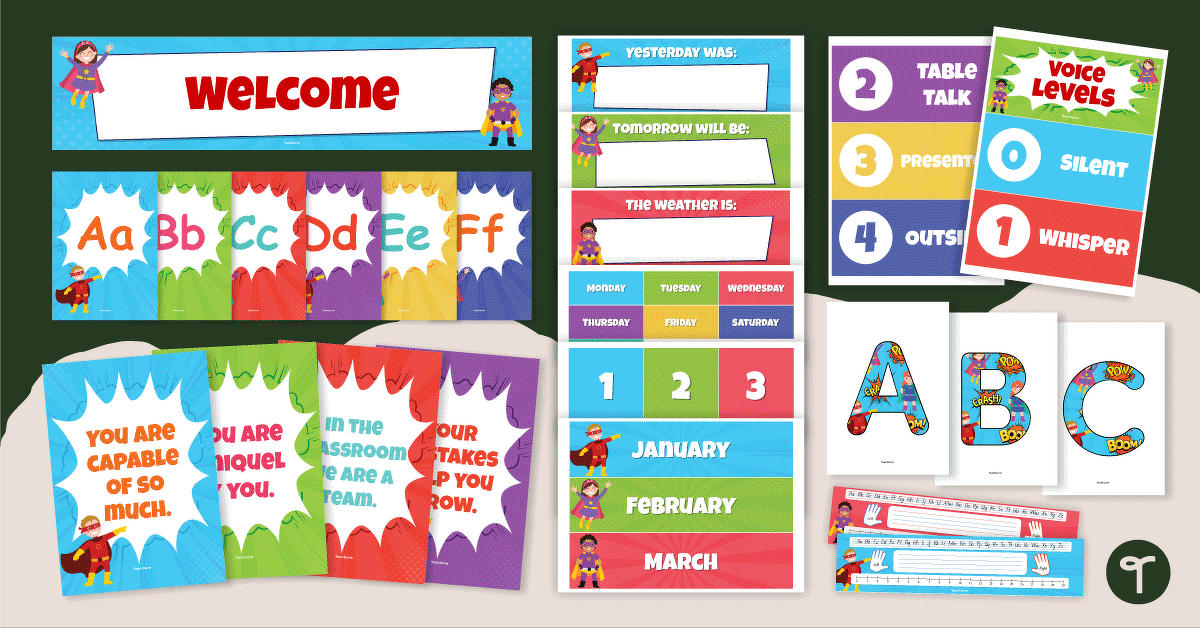 Superhero Classroom Decor Theme Bundle teaching resource