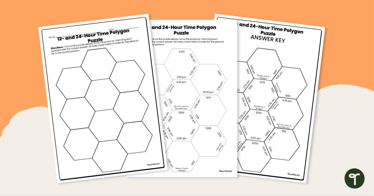 12 and 24 Hour Time Worksheet - Polygon Puzzle teaching resource