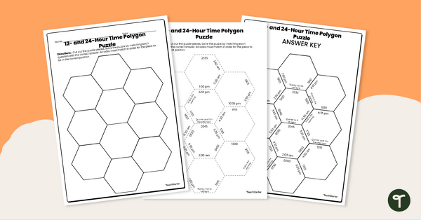 Go to 12 and 24 Hour Time Worksheet - Polygon Puzzle teaching resource